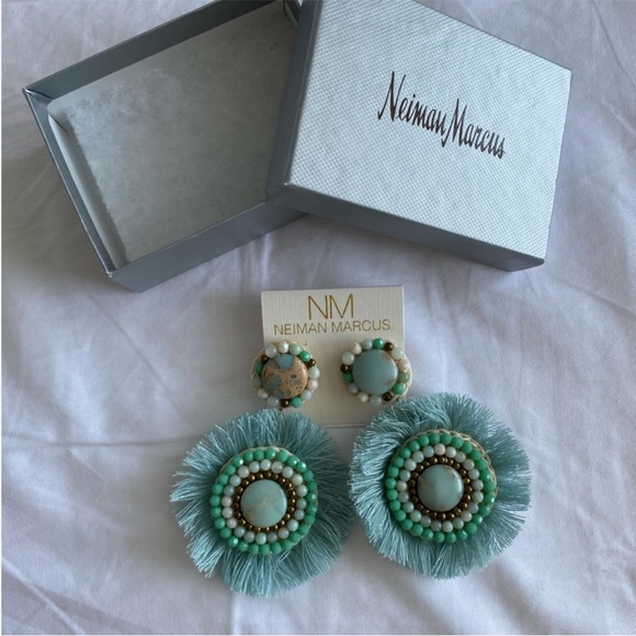 Neiman Marcus Statement Fran Drop Fringe Round Stone Bead Green Teal blue NWT - Picture 9 of 15